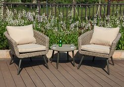 PHI VILLA 3 Piece Outdoor Patio Rattan Wicker Sofa Barrel Chairs and Polywood Round Coffee Table ...