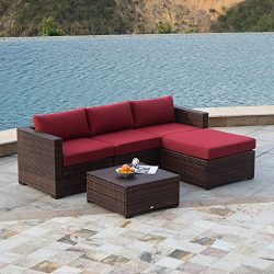 AURO Outdoor Furniture Sectional Sofa Set (5-Piece Set) All-Weather Brown Wicker with Water Resi ...