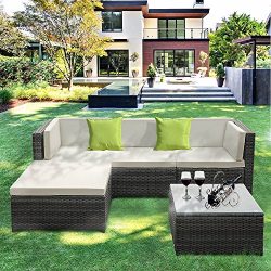 IKAYAA Outdoor Patio Furniture Set, 5 Piece Wicker Rattan Garden Sectional Sofa with Soft Cushio ...