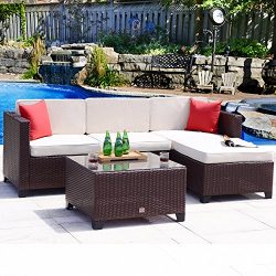 Cloud Mountain 5PC Rattan Wicker Sofa Set Cushioned Sectional Conversation Set Outdoor Garden Pa ...