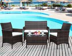 Leisure Zone 4 PCS Patio Furniture Set Outdoor Garden Conversation Wicker Sofa Set (Beige Cushion)
