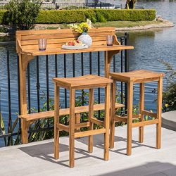 Great Deal Furniture Cassie Outdoor 3 Piece Natural Finish Acacia Wood Balcony Bar Set