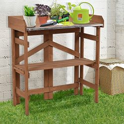 Giantex Metal Top Wooden Potting Bench Garden Planting Workstation Shelves(Dark Yellow)