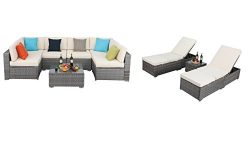 Do4U 7 Pieces Outdoor Rattan Sofa Wicker Sectional Patio Furniture set + 3 Pcs Outdoor Patio Rat ...