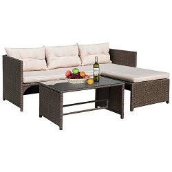 Flamaker 3 Piece Patio Set Rattan Sofa and Chaise Lounge, Cushioned Wicker Furniture Set for Gar ...