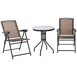 Outsunny 3 Piece Outdoor Patio Dining Bistro Table and Folding Arm Chair Set – Brown