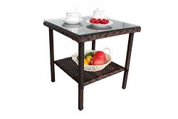 Outdoor Wicker Rattan Side Table Patio Furniture Garden Deck Pool Glass Top Tea Table-Brown