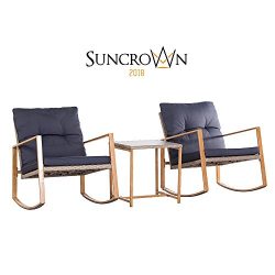 Suncrown Outdoor 3-Piece Rocking Wicker Bistro Set: Grey Wicker Furniture W/Wood-Grain Arm Rest  ...