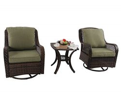 PHI VILLA 3 PC Rattan Swivel Rocking Chairs Patio Conversation Set, 2 Cushioned Chairs & 1 S ...