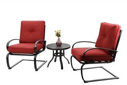 PHI VILLA Outdoor Springs Motion Chairs and Round Table Bistro Furniture Set with Red Cushioned  ...