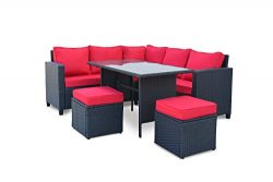 Modern 5-Piece Outdoor Furniture Dining Set, Patio Rattan Table and Chairs (Black/Red)