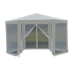 Outsunny Outdoor Hexagon Party Gazebo with Cathedral Style Roof Mesh Side Walls -Cream White