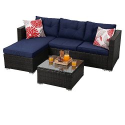 PHI VILLA 3-Piece Rattan Sectional Sofa- Patio Wicker Furniture Set, blue