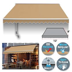 BenefitUSA 12′ x 8′ Manual Retractable Patio Deck Awning Cover, Canopy Sunshade (Beige)