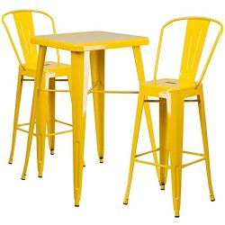 Flash Furniture 23.75” Square Yellow Metal Indoor-Outdoor Bar Table Set with 2 Stools with ...