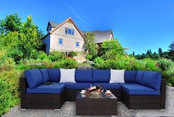 JETIME Outdoor Brown Woven Rattan Couch Wicker 7PCS Sectional Conversation Sofa Set Lawn Garden  ...