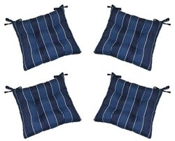 Set of 4 – Indoor / Outdoor Denim Blue Ivory Stripe Fabric Universal Tufted Seat Cushions  ...