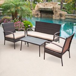 Belleze 4-PC Outdoor Patio Furniture Wicker Set Seat Cushion Coffee Table UV Resistant Backyard, ...