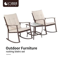 Solaura Outdoor Furniture 3-Piece Rocking Wicker Bistro Set All Weather Brown Wicker with Waterp ...