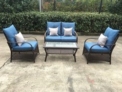 Sol Siesta Clubhouse Collection 4 Piece Conversation Set of Resin Wicker Patio Furniture, Blue C ...