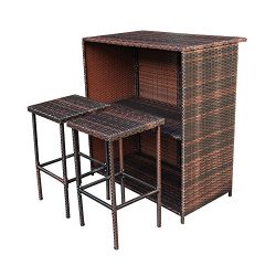 Smartman Outdoor 3 PCS Brown Bar Set PE Rattan Wicker Table & 2 Stools Furniture Set