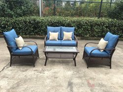 Sol Siesta Clubhouse Collection 4 Piece Conversation Set of Resin Wicker Patio Furniture, Blue C ...