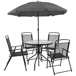 Flash Furniture Nantucket 6 Piece Patio Garden Set with Table, Umbrella and 4 Folding Chairs