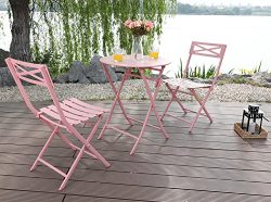 PHI VILLA 3 Piece Pink Patio Steel Folding Table and Chairs,Metal Bistro Furniture Set