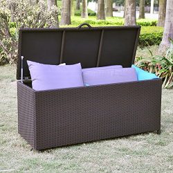 Outdoor Patio Resin Wicker Deck Box Storage Container Bench Seat, 86 Gallon, Anti Rust, UV Resis ...