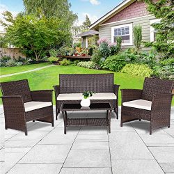TANGKULA Outdoor Patio Furniture 4 Piece Cushioned Sofa and Coffee Table Set Tea Table with 2 Sh ...