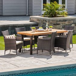 Great Deal Furniture Randy | Outdoor 7-Piece Acacia Wood and Wicker Dining Set with Cushions | T ...