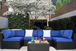 JETIME Outdoor Black Woven Rattan Couch Wicker 7PCS Sectional Conversation Sofa Set Lawn Garden  ...