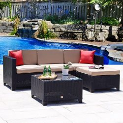 Cloud Mountain 5PC Rattan Wicker Sofa Set Cushioned Sectional Conversation Set Outdoor Garden Pa ...