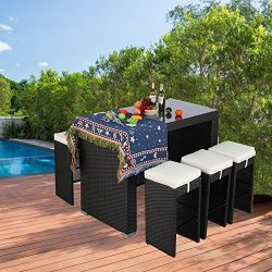 Do4U 7-Piece Outdoor Rattan Wicker Bar Dining Patio Furniture Set w/Glass Table Top, 6 Stools(Ex ...