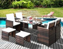 Leisure Zone Outdoor Rattan Wicker Patio Dining Table Set Garden Outdoor Patio Furniture Sets (9 ...