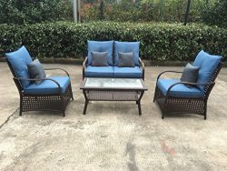 Sol Siesta Clubhouse Collection 4 Piece Conversation Set of Resin Wicker Patio Furniture, Blue C ...