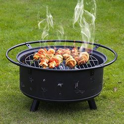 Kinbor 30-Inch Portable Wood Burning Fire Pits Iron BBQ Backyard Patio Garden Round Fire Pit wit ...