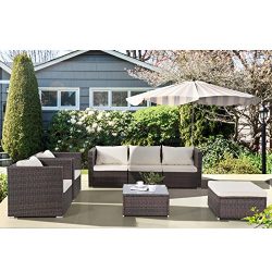 Uenjoy 7PC Outdoor Rattan Wicker Patio Furniture Set Cushioned Sofa & Table Garden Lawn Brown