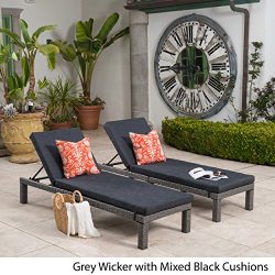 Venice Outdoor Mixed Black Wicker Chaise Lounge with Dark Grey Water Resistant Cushion (Set of 2)