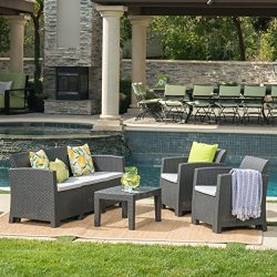 Great Deal Furniture Jacob Outdoor 4 Piece Charcoal Faux Wicker Rattan Style Chat Set with Light ...