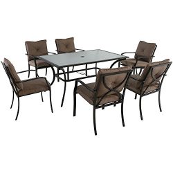 Hanover PALMBAYDN7PC-TAN Palm Bay 7-Piece Set with Six Cushioned Dining Chairs and Tempered Glas ...