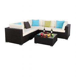 HTTH Outdoor Rattan Sofa Wicker Sectional Patio Furniture set（Expresso） (6Pcs)