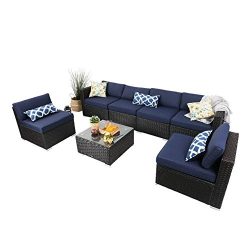 PHI VILLA 7-Piece Outdoor Rattan Sectional Sofa- Patio Wicker Furniture Set, Blue