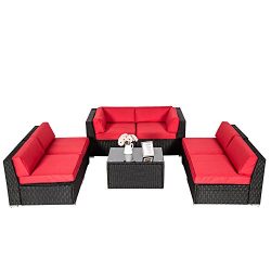 Kinbor Outdoor Sectional Sofa Sets 7 Pieces Patio Recliner Red Wicker Sofa With Free Sofa Clips, ...