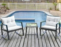 Leisure Zone Outdoor Patio 3 PCS Wicker Rocking Bistro Set Porch Deck Rockers with Coffee Table  ...