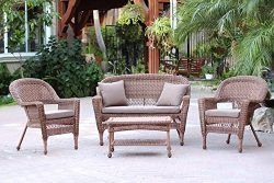 Jeco W00205-G-FS007 4 Piece Wicker Conversation Set with Cocoa Brown Cushions, Honey