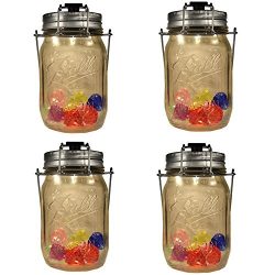 4-Pack Solar-powered Mason Jar 4 LED spotlights Lids (Mason Jar/Handle Included) with Colorful A ...