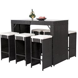 Merax 7 PC Rattan Wicker Patio Bar Stool Dining Table Set with Cushions (Black)