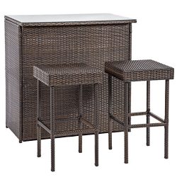 BestMassage Outdoor Wicker Bar Chair Set 3PC Patio Furniture Glass Bar And Two Stools