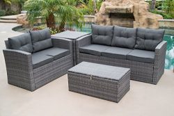 Belleze 4 Piece Wicker Outdoor Sofa Set All Weather Dual Storage Ottoman Washable Cushions Secti ...